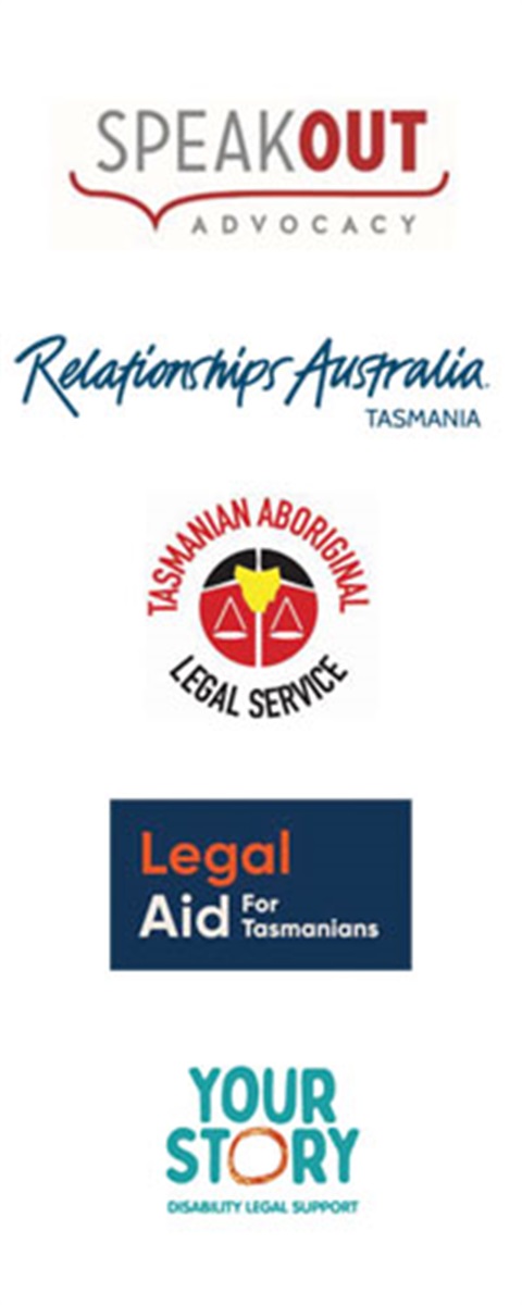 Logo strip — Speak Out, Relationships Australia, Tasmania Legal Service, Legal Aid for Tasmania, Your Story Disability Legal Support