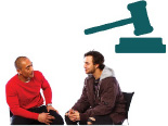Two people sitting facing each other with an icon of a gavel