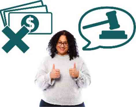 woman with both thumbs up and icon of gravel and cash with an X