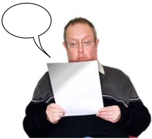 A man looking at a piece of paper with a speech bubble to his left