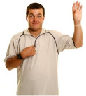 man with one hand pointing to himself and the other hand raised