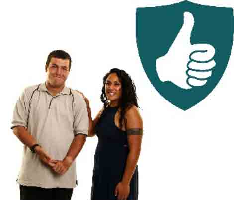Two people standing next to each other with a thumbs up icon in a shield next to them