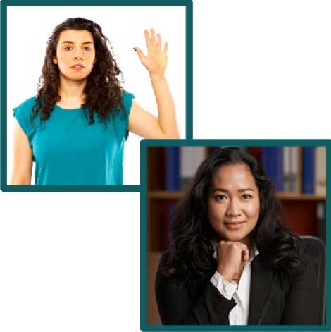 An image of a woman with her hand up speaking and an image of a professional looking woman in a suit 