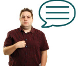 man pointing at himself with speech bubble above him