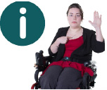 woman in wheelchair pointing at herself with information icon above her