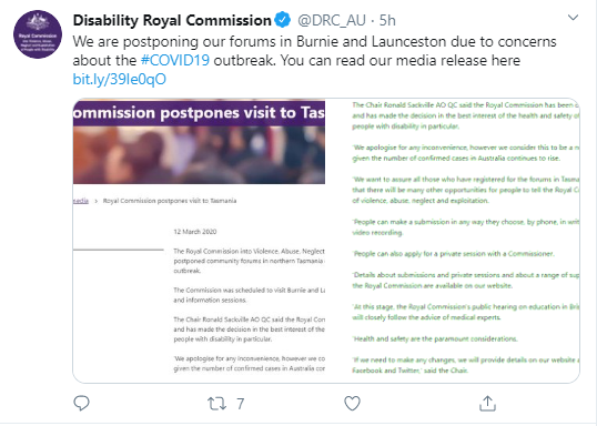 Screenshot from the Disability Royal Commission's twitter account advising that forums in Burnie and Launceston have been postponed