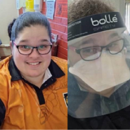Two photos of Selena Jade Brown. The photo on the left shows Selena in a yellow shirt, smiling at the camera. The right photo shows Selena wearing a face mask and protective visor.