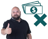 man doing thumbs up with a symbol of cash with an x