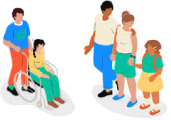 An illustration of a carer pushing a person in a wheelchair on the left and a a family of three on the right