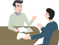 An illustration of a person sitting at a table talking to a lawyer