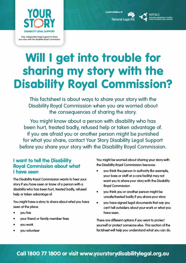 Will I get into trouble for sharing my story with the Disability Royal Commission? Factsheet thumbnail